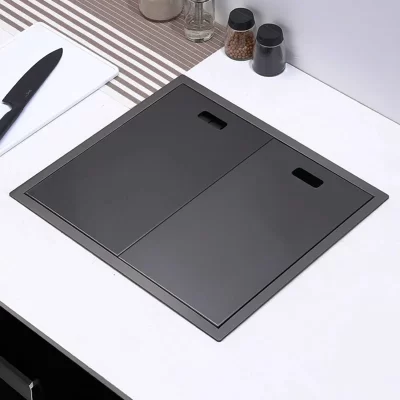 Handmade escovado única pia de cozinha com torneira de elevação, Aço inoxidável 304, Pia escondida com nanômetro, Tampa dupla escondida