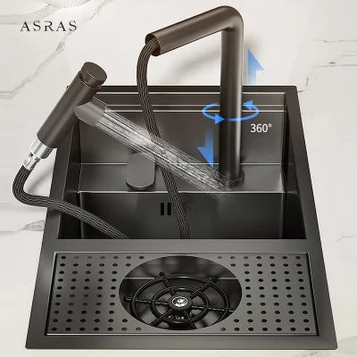 ASRAS-Pia De Cozinha De Tamanho Pequeno Com Torneira De Elevação, Lavadora De Copo Preto, Tampa De Barra Escondida, Escondida Única Tigela