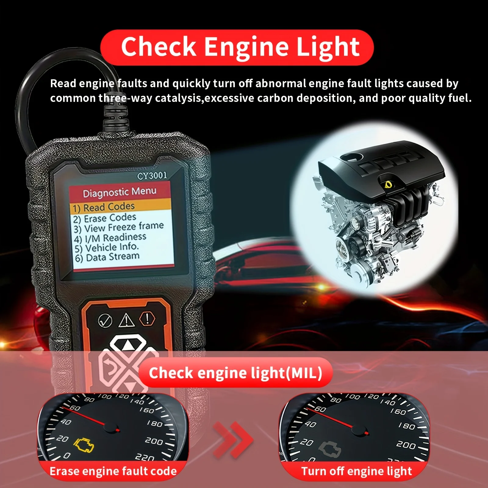 Carro obd2 scanner ferramenta de diagnóstico leitor código testador tensão scanner código falha do motor testador detecção falhas automotiva cy3001 - Image 3