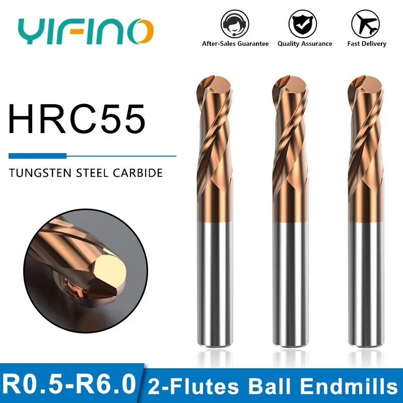 YIFINO HRC55 2-Flute Milling Cutter Tungsten Steel Carbide Ball Nose End Mill For CNC Mechanical Metals Machining Endmills Tools