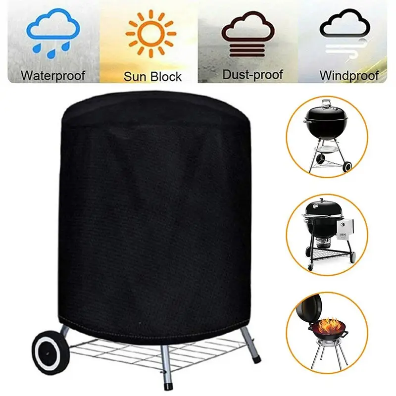 Capa redonda preta para grelha ao ar livre, fogão para fogueira, churrasco, à prova d'água, resistente, jardim, pano 210d, capa de proteção elétrica para churrasco