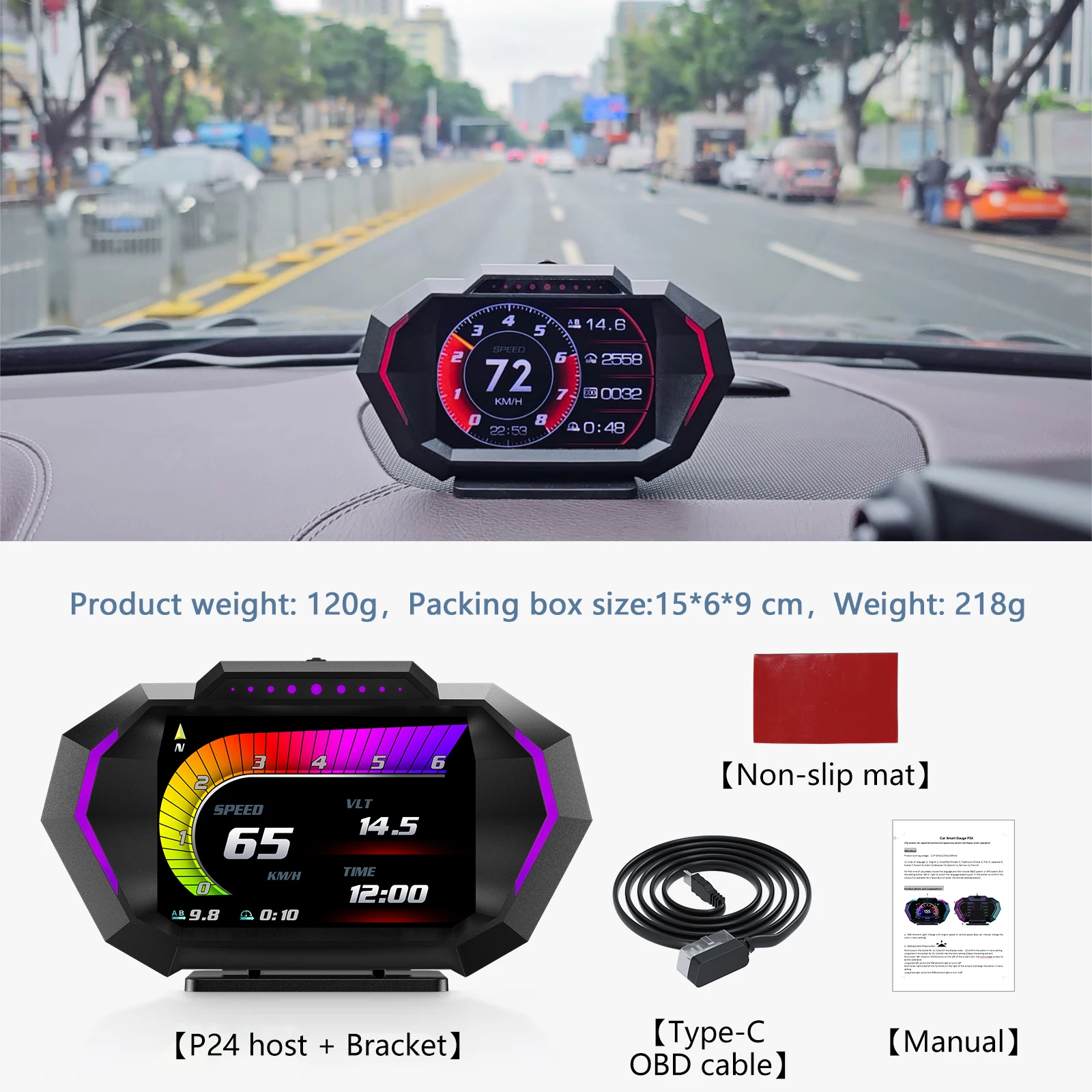AD Digital Car LCD HUD GPS OBD2 Head Up Display Slope Meter Speed Alarm KM/H MPH Speedometer Tachometer Water Temp Boost Gauge - Image 5