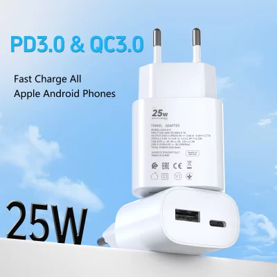 PD25W UE Porta Dupla USB C e USB A Carregador de Parede, Adaptador de Carregador Rápido QC3.0 para iPhone Samsung Huawei Xiaomi iPad AirPods