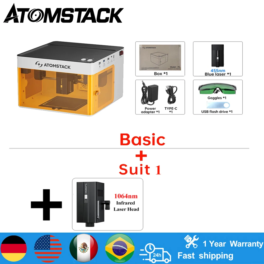 Atomstack p1 mini gravador a laser duplo 2 em 1, diodo 5w e cortador infravermelho de 1.2w, máquina de gravação fechada para metal e acrílico