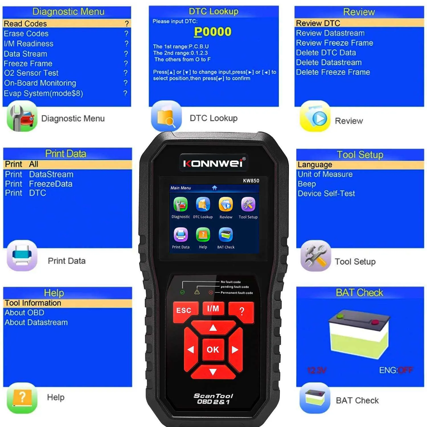 2025 KONNWEI KW850 Carro OBD2 Scanner Profissional Ferramentas de Diagnóstico Automático Sistema de Motor O2 Leitor de Código de Verificação DTC Lookup pk elm327 - Image 3