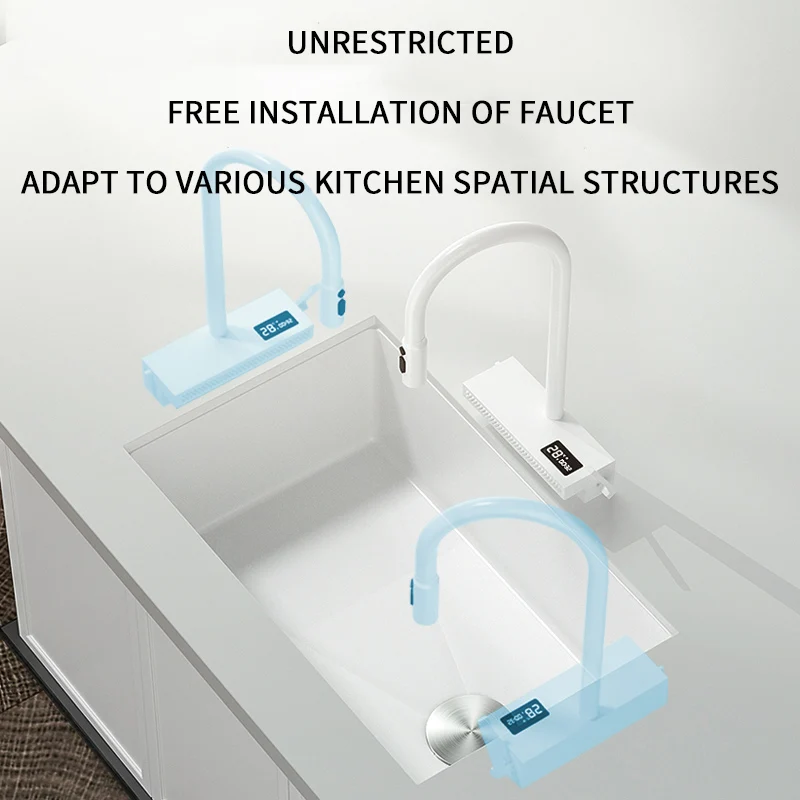 Pia de cozinha de aço inoxidável branca com display digital multifuncional torneira cascata grande lavatório para acessórios de cozinha - Image 4