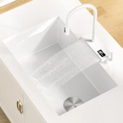 Pia de cozinha de aço inoxidável branca com display digital multifuncional torneira cascata grande lavatório para acessórios de cozinha