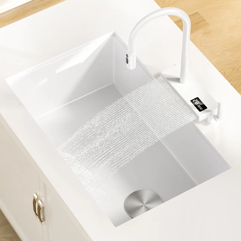 Pia de cozinha de aço inoxidável branca com display digital multifuncional torneira cascata grande lavatório para acessórios de cozinha