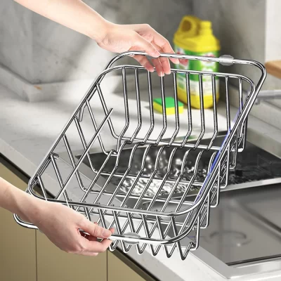 Rack de drenagem telescópico de aço inoxidável, rack antiderrapante para secagem de pratos, cozinha, banheiro, organizador de bancada para uso doméstico