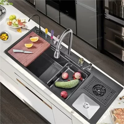 Lata de lixo em favo de mel, pia cascata de cozinha em aço inoxidável, pia grande com slot único, lavatório com torneira cascata