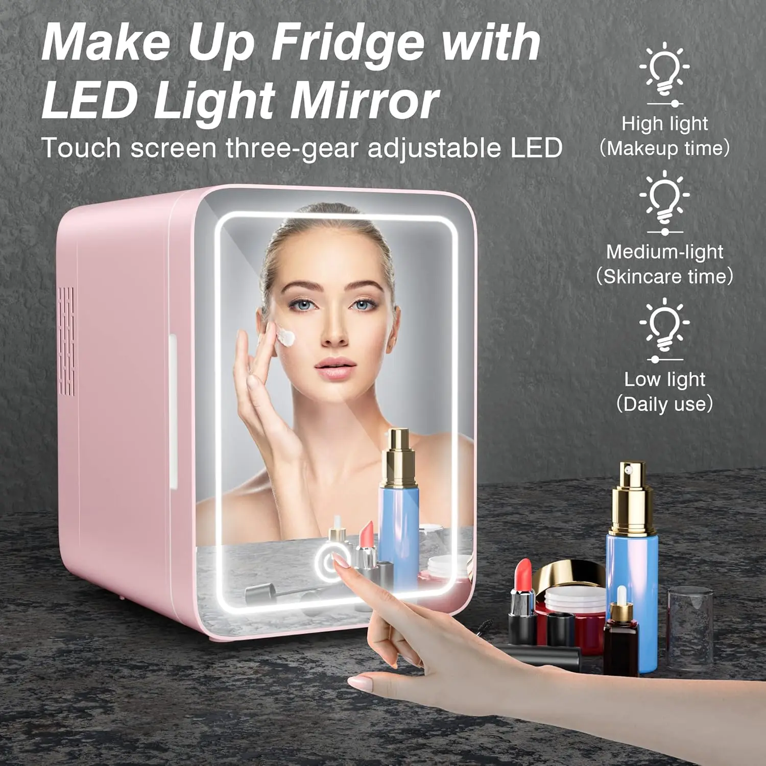 4L car mini beauty refrigerator, adjustable LED light mirror, small portable beauty refrigerator freezer for household cars.