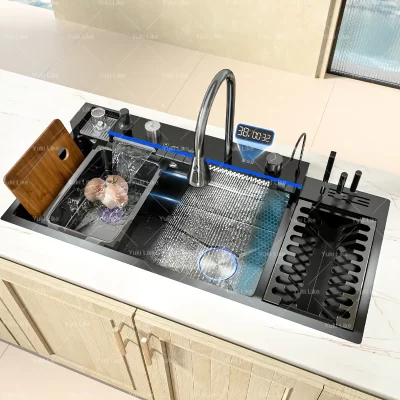 Nova pia de cozinha cascata de aço inoxidável com escorredor em relevo extra grande slot único display digital pias de lavar louça