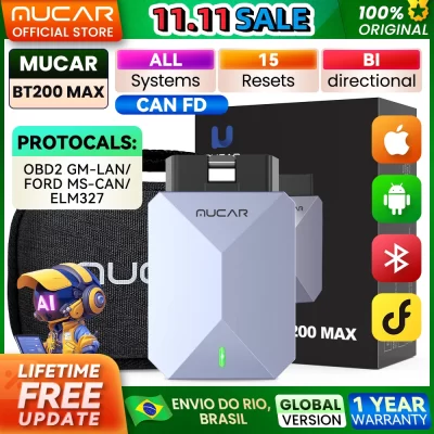 Mucar bt200 max ferramenta de diagnóstico de carro grátis ai obd2 scanner pode fd todos os sistemas ecm abs tcm diagnóstico de freio ferramentas automotivas bidirecionais