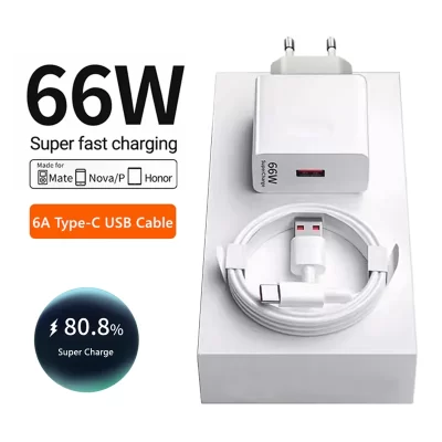 Carregador de Parede Super Rápido UE para Huawei, Tipo C Cabo de Carregamento USB, 6A, 66W, Mate 40, 50, 60, P50, Nova 8, 9, 10, Honor, 90, 100, X7, X8, X9, cabo mágico