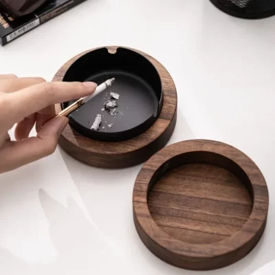 Creative Ashtray with Lid Walnut Desktop Ashtray Stainless Steel Smoking Windproof Ashtray Home Office Decoration