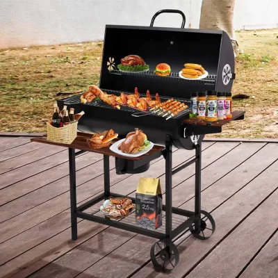 Cozinha ao ar livre churrasco grande carrinho resistente grill barril grelha a carvão churrasco fumante com tampa