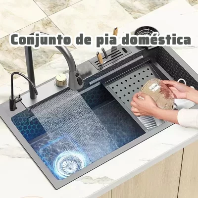 Elegante pia de cozinha em aço inoxidável com torneira quente e fria, Bacia única espaçosa, perfeita para cozinhar Prep, 75X45X20 cm