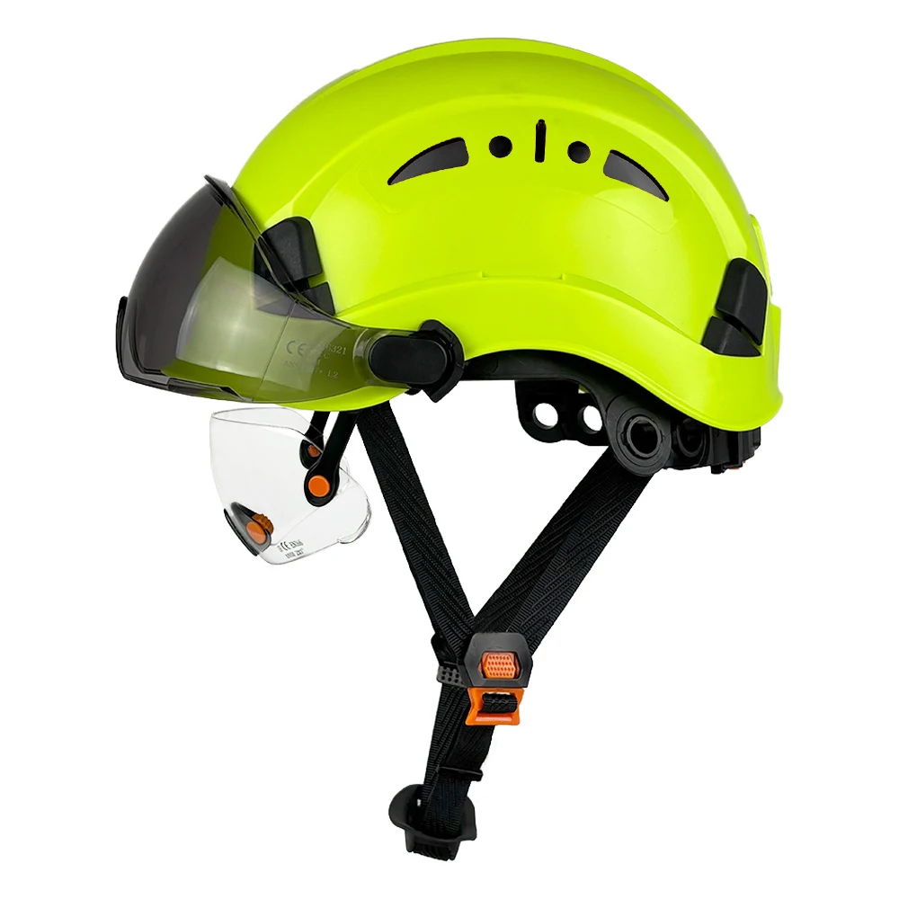 Capacete de segurança de construção CE com óculos integrados ABS Hard Hat com viseira Ventilação ajustável Capacetes de proteção de cabeça ANSI