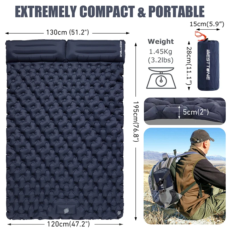WESTTUNE Double Inflatable Mattress with Built-in Pillow Pump Outdoor Sleeping Pad Camping Air Mat for Travel Backpacking Hiking - Image 4