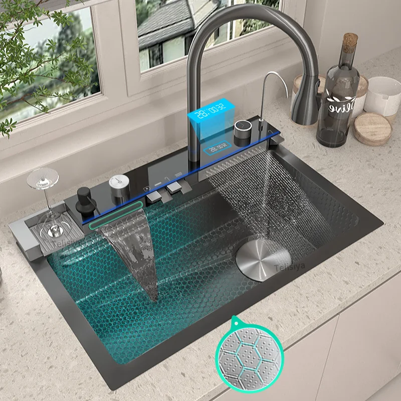 Pia de cozinha cascata de aço inoxidável, nova com rack de drenagem, display digital, grande slot único, pia de lavar louça, tigela - Image 4