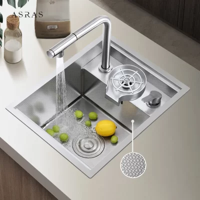 Sus 304 ilha escondida pia da cozinha grão de arroz gravação evitar arranhões artesanal balcão barra pia da cozinha com enxágue copo