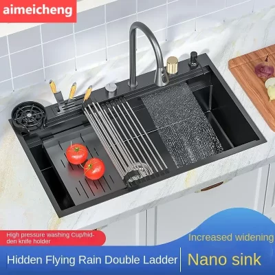 Cachoeira pia da cozinha nanômetro 304 aço inoxidável grande único slot acessórios de cozinha cachoeira torneira bacia vegetal