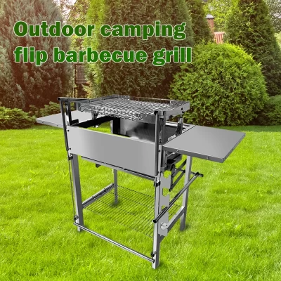 Grelhador para churrasco 360 ° Carvão rotativo de aço inoxidável, design flip operado por pés, tamanho grande para carne deliciosa, churrasco, cozinha ao ar livre