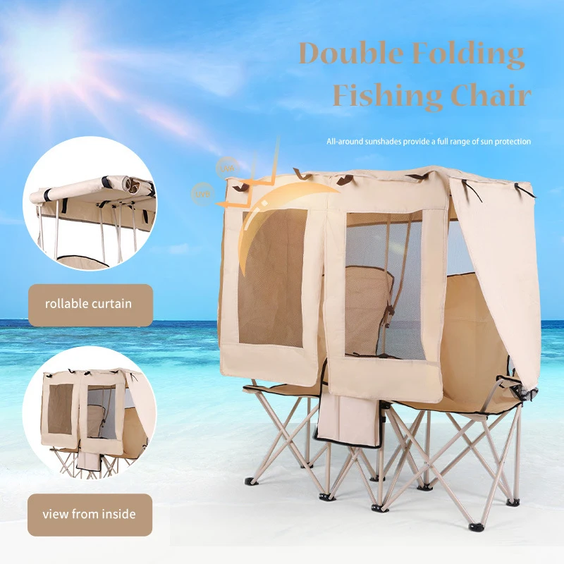 Outdoor Double Folding Fishing Chair with Canopy Waterproof Multifunctional Fishing Sunshade Natural Hiking Equipment - Image 3