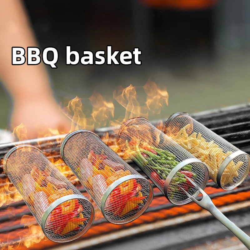 1-4 pçs rolamento grelhar cesta de aço inoxidável churrasqueira cesta malha portátil acampamento ao ar livre rack de churrasco acessórios de cozinha - Image 4