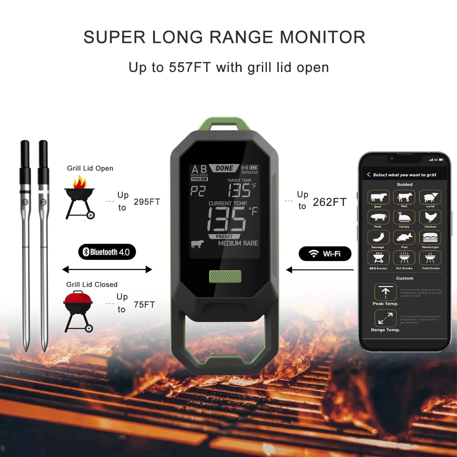 Termômetro de carne sem fio, sonda bluetooth, rastreamento de temperatura ambiente e alimentos em tempo real para cozinhar, churrasco, grelhar, fumante - Image 2
