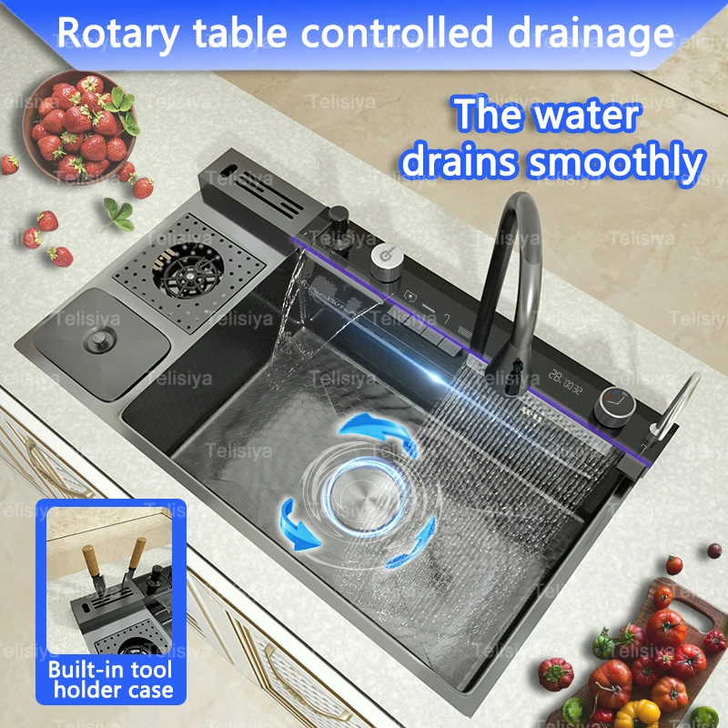 Pia de cozinha de aço inoxidável com lata de lixo, lavatório em relevo com torneira cascata, display digital, grande solt único - Image 2