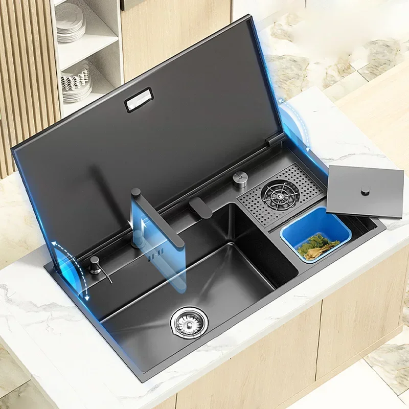 Pia de lavagem de copo escondida com tampa pia de cozinha lavatório de aço inoxidável multifuncional grande slot único para cozinha