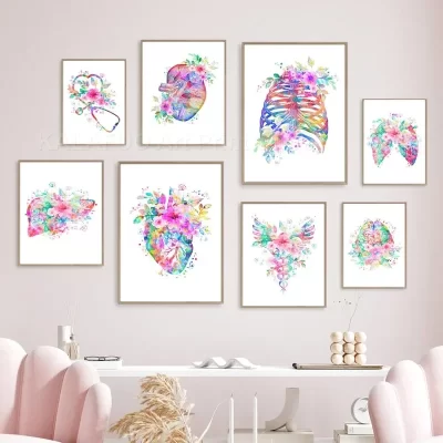 Coração cérebro pulmões rim costela gaiola fígado médico floral anatomia cartaz arte da parede pintura em tela médico escritório decoração imagem