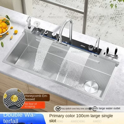 Pia de cozinha inteligente prateada personalizada, 1000x500mm, aço inoxidável, multifuncional, cascata, grande, tigela única, com pistola de pulverização