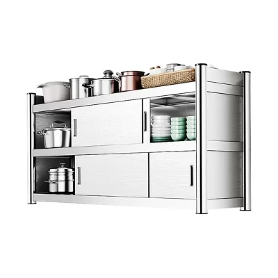 Armário de parede de cozinha de aço inoxidável, montagem na parede, armário de armazenamento com portas deslizantes, prateleira resistente para bares comerciais