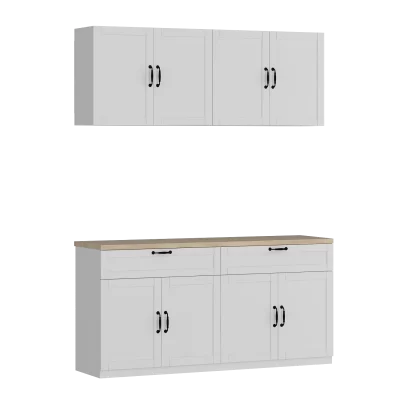 Hucha de cozinha montada na parede com portas e gavetas, armário aparador de despensa com puxadores de metal para sala de estar, branco