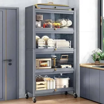 Armários de cozinha modernos multicamadas de aço carbono, armário de armazenamento doméstico, multifuncional, forno de micro-ondas, rack de chão com porta articulada