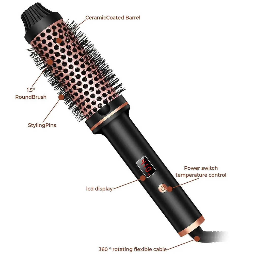 Escova térmica 1.5 Polegada escova de ondulação aquecida cerâmica curling ferro volumizing escova aquecimento escova redonda viagem modelador de cabelo pente - Image 3