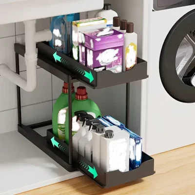 Rack de armazenamento de cozinha removível de camada dupla, antiderrapante e estável, caixa de armazenamento multifuncional com cinco ganchos, escova sob a pia, rack de armazenamento de gaveta de dupla camada, adequado para armazenamento de pia de bancada de cozinha e banheiro