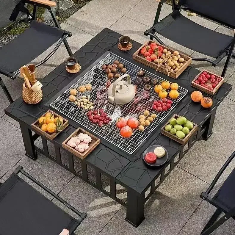 Mesa de churrasco multifuncional acampamento ao ar livre metal fogueira fogão a lenha ao ar livre fogueira churrasqueira mesa quadrada