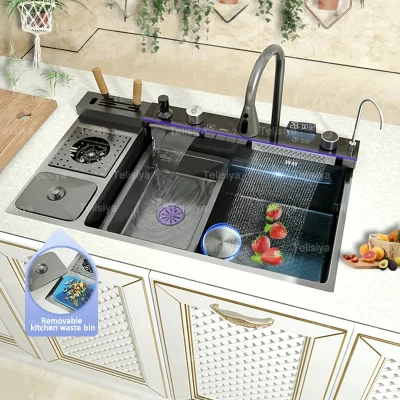 Pia de cozinha de aço inoxidável com lata de lixo, lavatório em relevo com torneira cascata, display digital, grande solt único