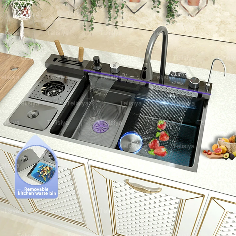 Pia de cozinha de aço inoxidável com lata de lixo, lavatório em relevo com torneira cascata, display digital, grande solt único