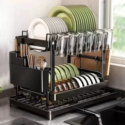 Cremalheira de secagem de prato de aço inoxidável de 2 camadas com placa de drenagem, dreno de prato ajustável, cremalheira de utensílio de bancada de cozinha, suporte de copo