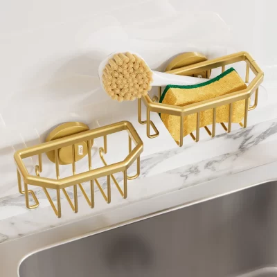 Suporte de esponja dourado TAILI para pia de cozinha com ventosa forte removível, caddy de pia de alumínio à prova de ferrugem para esponja, escova