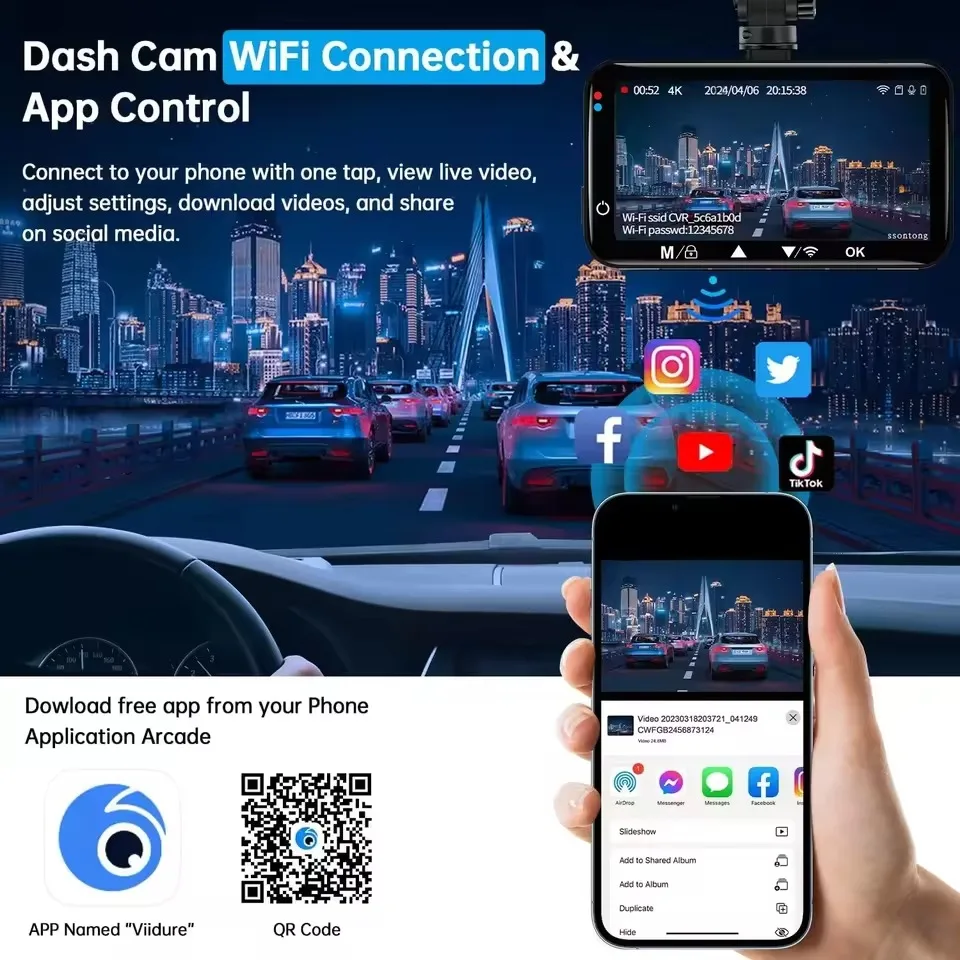 DashCam 4K WiFi Car Recording Camera DVR Video Recorder Black box Front and Rear Dual Channels 24H Parking Mode HD Night Vision - Image 2