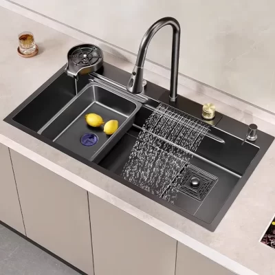 Pia de cozinha de aço inoxidável com torneira removível estilo cascata grande pia manual única para lavagem de vegetais