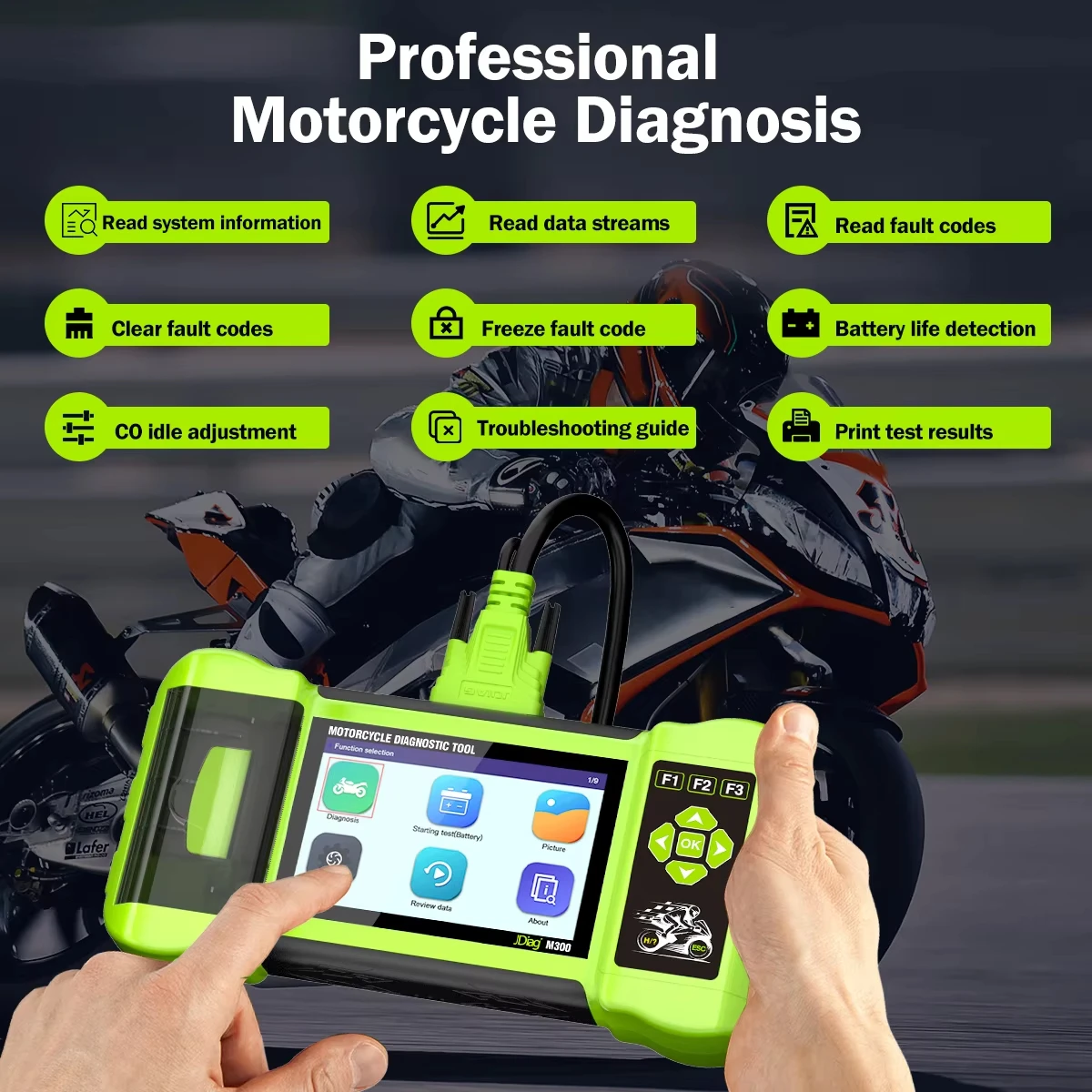 Ferramenta de scanner de motocicleta JDiag M300 OBD2 com controle bidirecional, teste ativo, sangramento ABS para Harley Ducati BMW Benelli - Image 3
