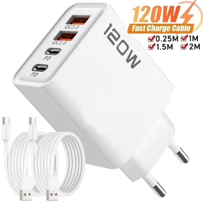 120w 4 portas usb tipo c carregador de carregamento rápido cabo dados usb adaptador carregador telefone para samsung iphone xiaomi huawei carregador parede