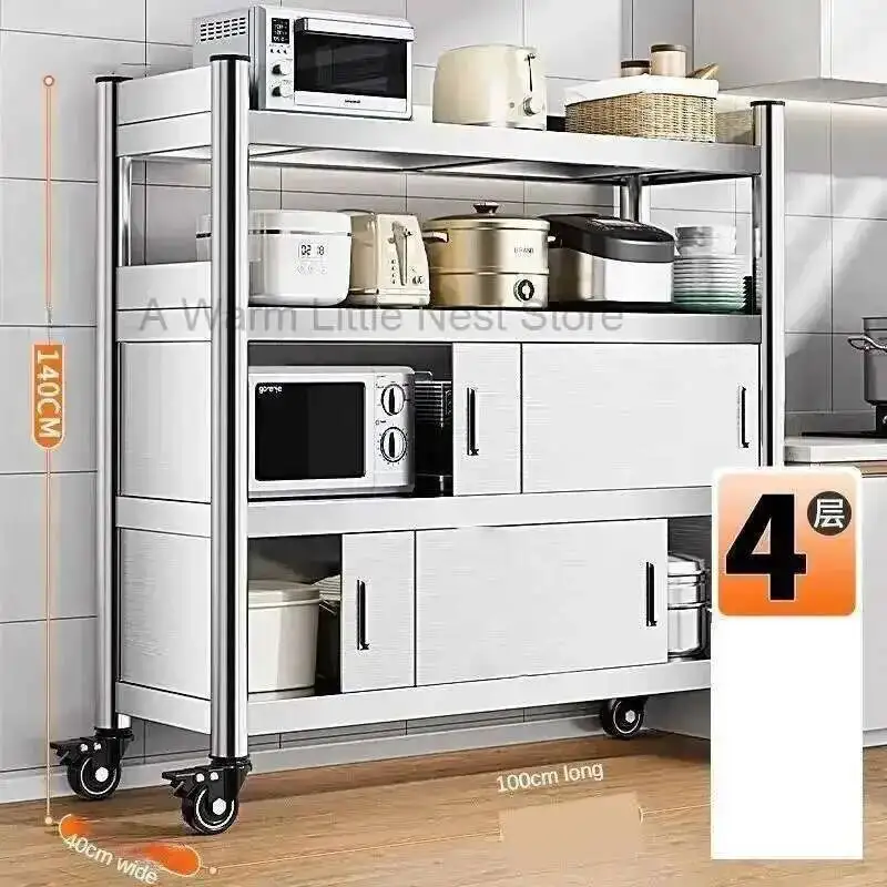 Armários de cozinha de aço inoxidável com porta piso multi-camada porta deslizante rack de armazenamento multi-funcional móveis para casa - Image 5