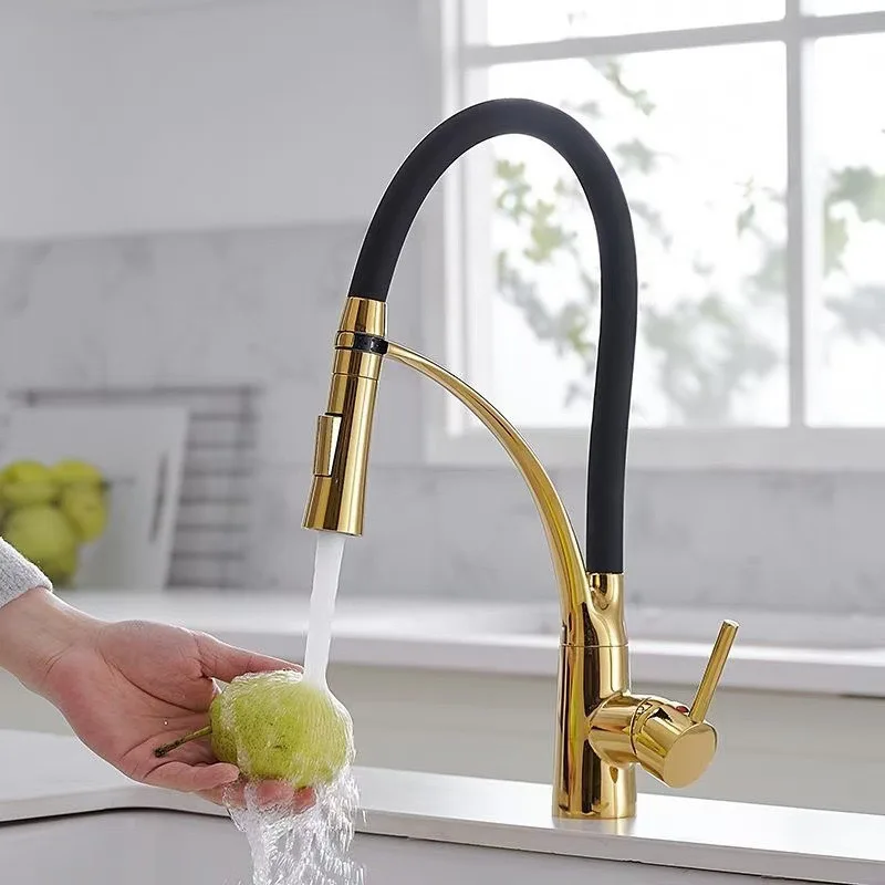 Torneira de cozinha de borracha de níquel escovado, torneira misturadora com rotação, pulverizador de fluxo, água quente e fria, com uma alça